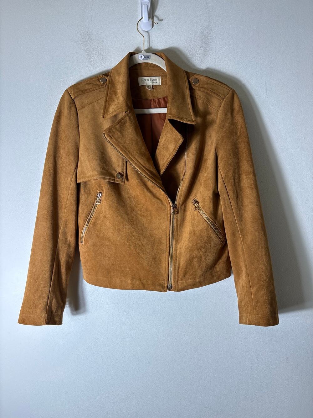 See U Soon Camel Colored Long Sleeve Faux Suede Jacket Sz S